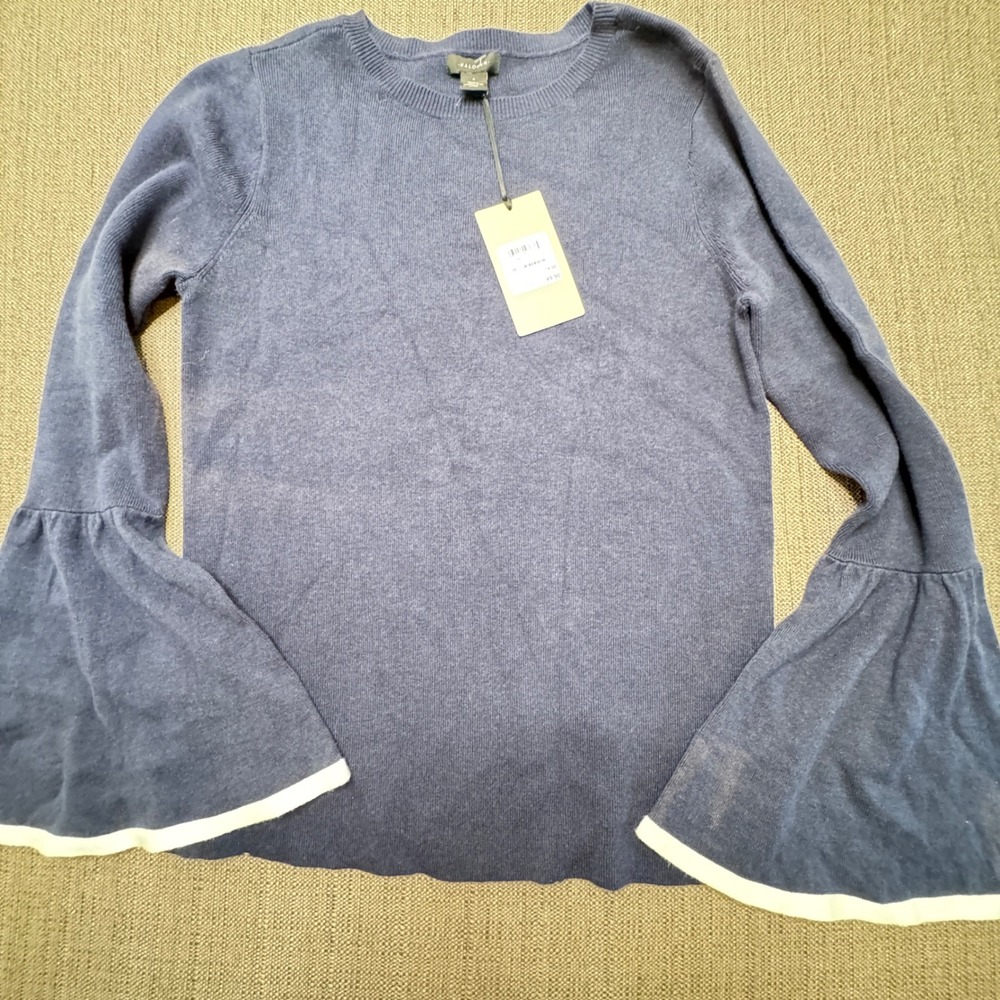 Halogen Navy Blue Bell Sleeve Knit Sweater Contrast Trim HA371199MI Small NWT